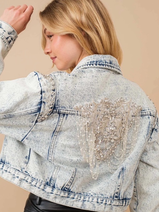 Blueb USA Jackets & Blazers - Blue B Embellished Denim Jacket Crystal Pearl Fringe Cropped Jacket NWT Small